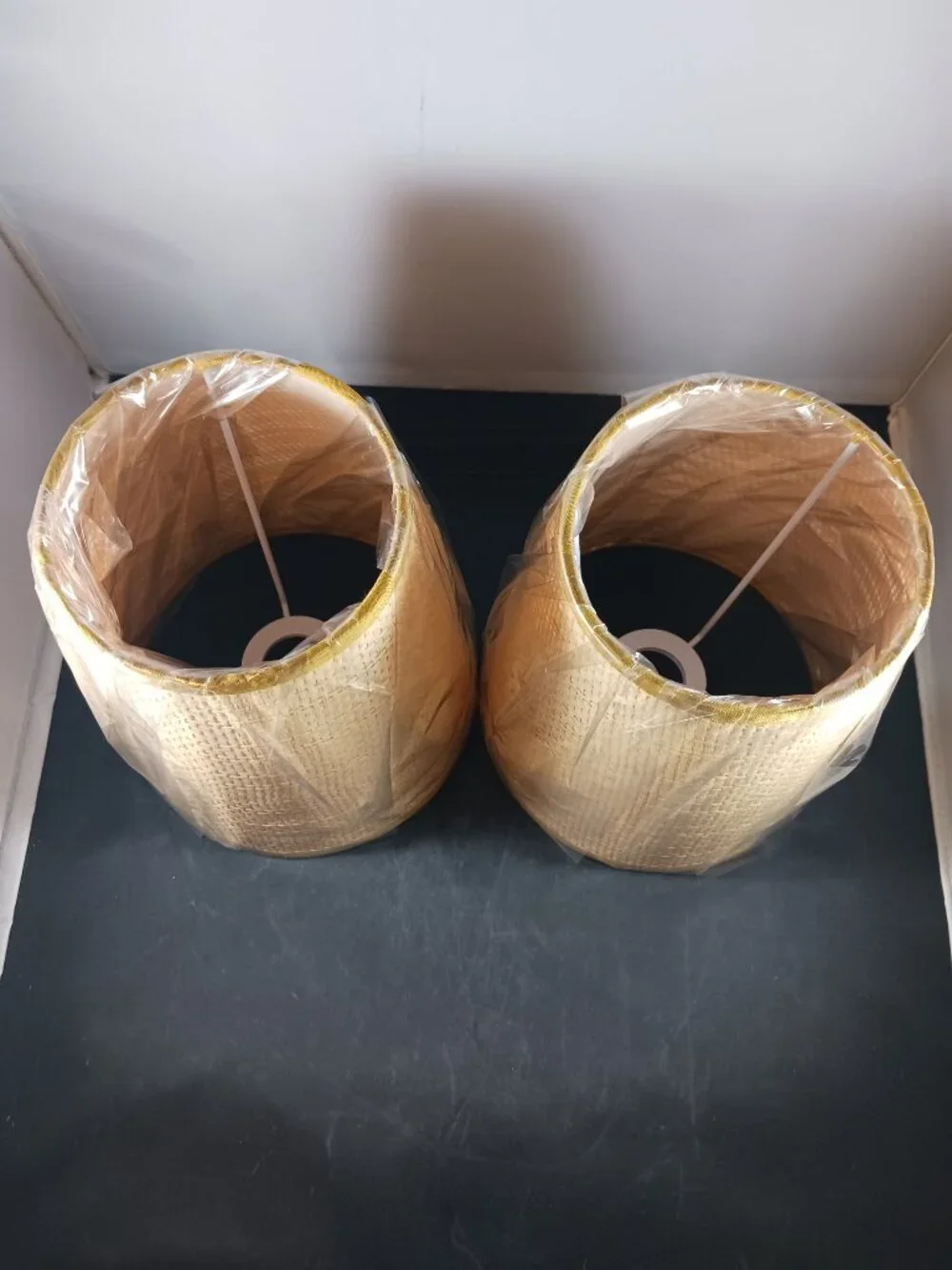Vintage Woven Burlap Clip On Lamp Shades Pair Small Rustic Cottage